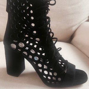 NEW PRADA BLACK SUEDE LASER CUTOUT CALZATURE DONNA STACKED BOOTIES BOOTS 6.5